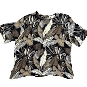 DONCASTER Tropical Leaf Print Silk Blouse Women's Short Sleeve